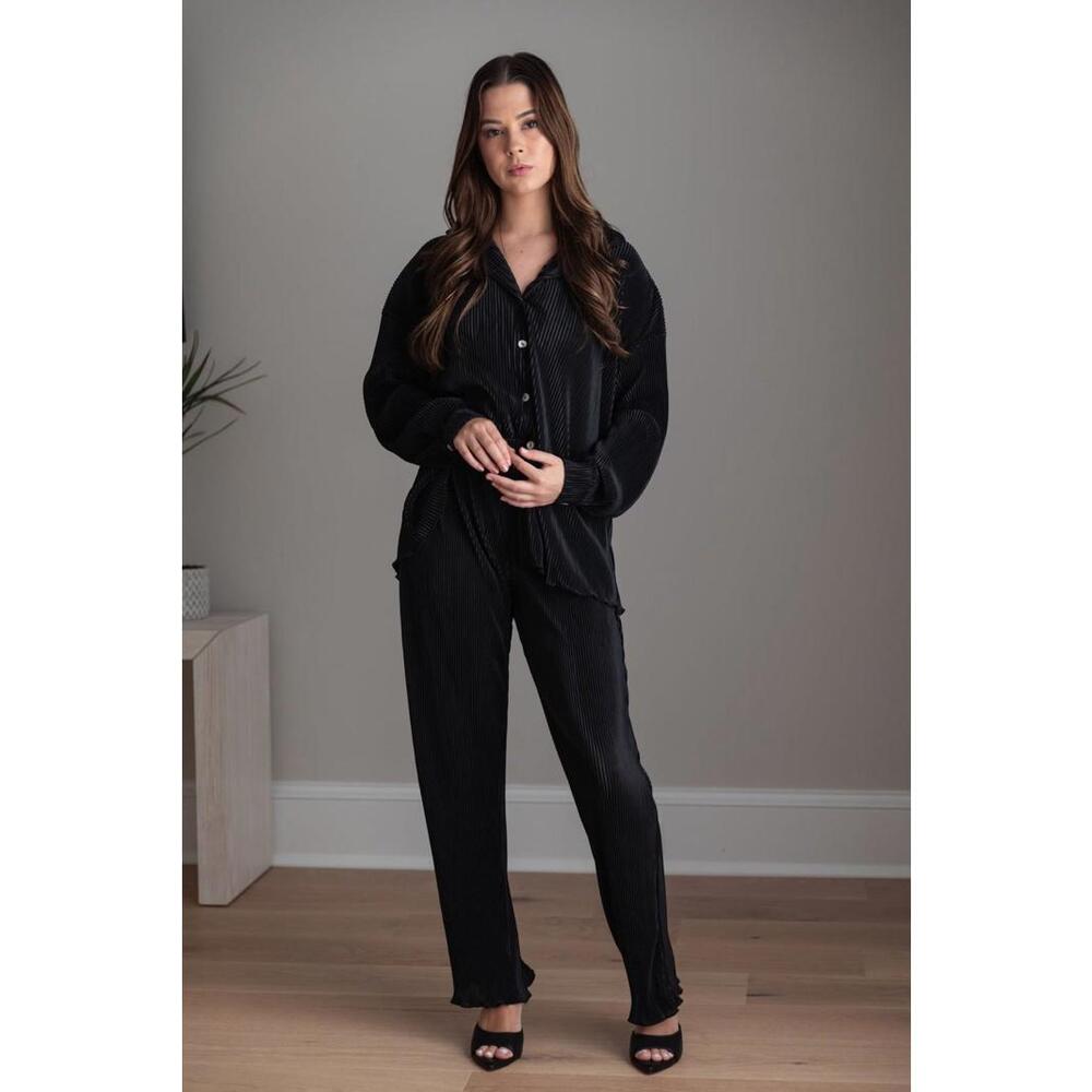 Waverles Pleated Bridal Pajama Set Black Button Up Bridesmaid Wedding Sz S